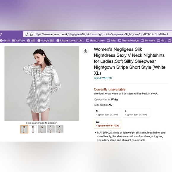 Women Negligees Pure Silk Sleep Shirt, Sexy V Neck Oversize Nightshirt 100% Silk - Picture 2 of 7